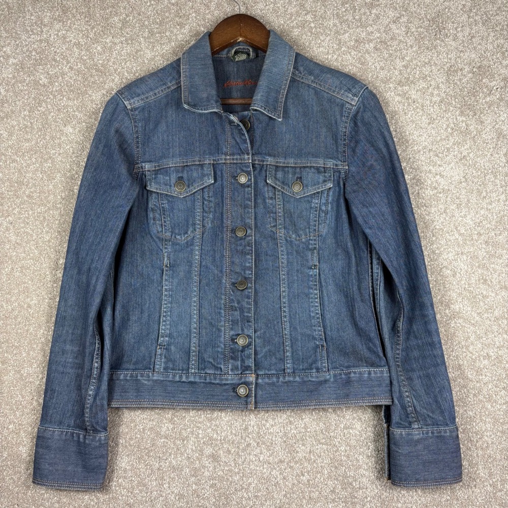 Eddie Bauer Womens Stretch Denim Trucker Jacket Dark Wash Blue Size S